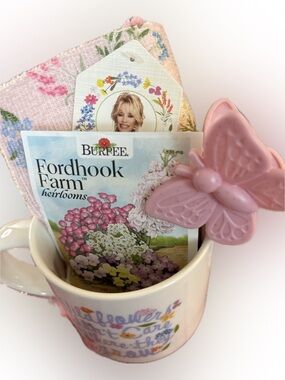 Dolly Parton gift set Mug Dish Cloths Flower Seed Packet Pink Butterfly Clip